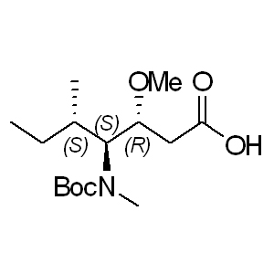 Dolisoleucine 132149-81-6  C15H29NO5 303.39446 g/mol (3R,4S,5S)-4-(tert-butoxycarbonyl(Methyl)aMino)-3-Methoxy-5-Methylheptanoic acid;(3R,4S,5S)-4-[[(1,1-Dimethylethoxy)carbonyl]methylamino]-3-methoxy-5-methylheptanoic acid;Heptanoic acid, 4-[[(1,1-dimethylethoxy)carbonyl]methylamino]-3-methoxy-5-methyl-, (3R,4S,5S)- AminoPrimeCentral.com,custom Amino Acid Derivatives,custom Peptides,sales@aminoprimecentral.com