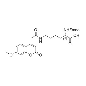 Fmoc-Lys(Mca)-OH 386213-32-7 C33H32N2O8 584.62 g/mol N-α-Fmoc-N-ω-7-methoxycoumarin-4-acetyl-L-Lys-OH;N-ALPHA-(9-FLUORENYLMETHOXYCARBONYL)-N-EPSILON-(7-METHOXYCOUMARIN-4-YL) ACETYL-L-LYSINE;N-ALPHA-FMOC-N-EPSILON-7-METHOXYCOUMARIN-4-ACETYL-L-LYSINE;FMOC-LYS(MCA)-OH;FMOC-LYSINE(MCA)-OH;(S)-2-(N-(((9H-fluoren-9-yl)methyl9H-fluoren-9-yl)methoxy)carbonyl)acetamido)-6-(7-methoxy-2-oxo-2H-chromen-4-ylamino)hexanoic acid;(S)-2-((((9H-Fluoren-9-yl)Methoxy)carbonyl)aMino)-6-(2-(7-Methoxy-2-oxo-2H-chroMen-4-yl)acetaMido)hexanoic acid;N-α-Fmoc-N-ω-7-methoxycoumarin-4-acetyl-L-lysine AminoPrimeCentral.com,custom Amino Acid Derivatives,custom Peptides,sales@aminoprimecentral.com